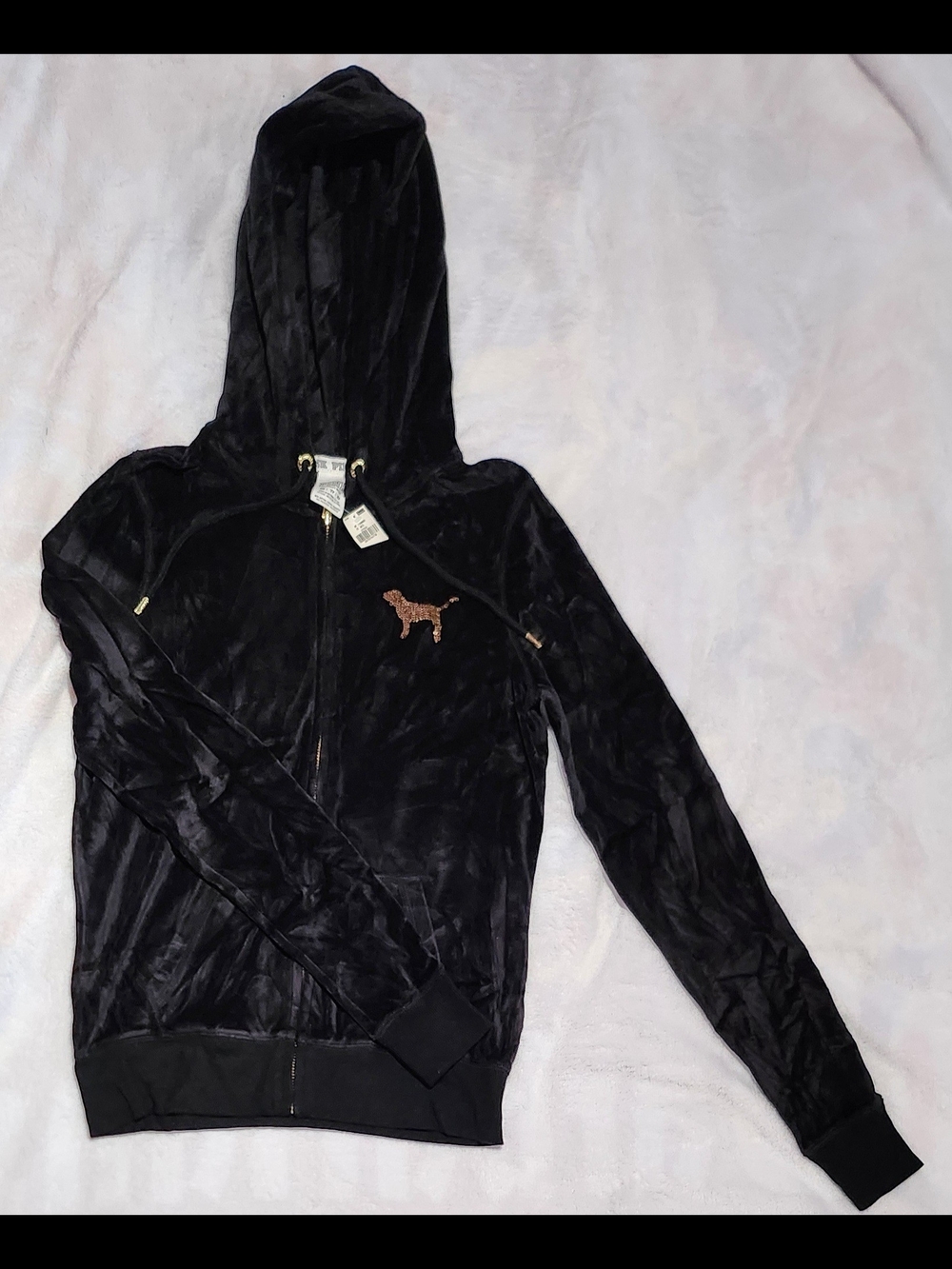 Victoria Secret's Pink Black Velour Hoodie Jacket w/ Dog Embroidery Sequin